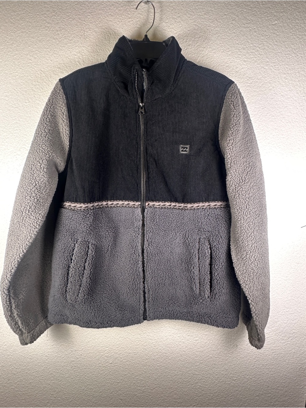 Billabong Men's Gray Black Colorblock Full Zip Fleece Jacket Stand-Up Collar M